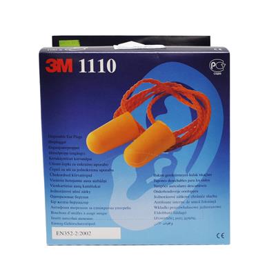 3M 1100 Disposable polyurethane foam earplugs with cord - Single use - Orange -37 dB Single use - pe r box of 100 pairs