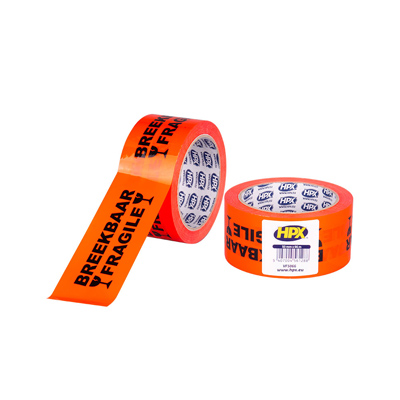 HPX Standard printed PP tape Breekbaar Fragile - acrylic adhesive - Orange - 50 mm x 66 m x 0,05 mm  - Per box of 36 rolls
