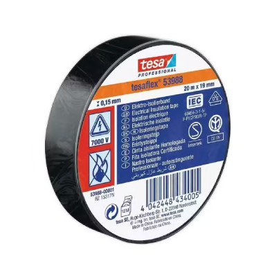 Tesa 53988 tesaFlex PVC Electrical Adhesive Tape - IEC/IEC certified - Black - 19 mm x 20 m x 0.15 m m - Per box of 10 rolls
