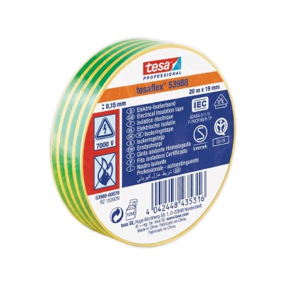 Tesa 53988 tesaFlex PVC Electrical Adhesive Tape - IEC/IEC certified - Green/yellow - 19 mm x 20 m x  0.15 mm - Per box of 10 rolls
