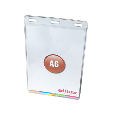 ETINAME - Vertical Vinyl Badge with 3 holes for A6 inserts - Clear -112 mm x 172 mm - per box of 100 